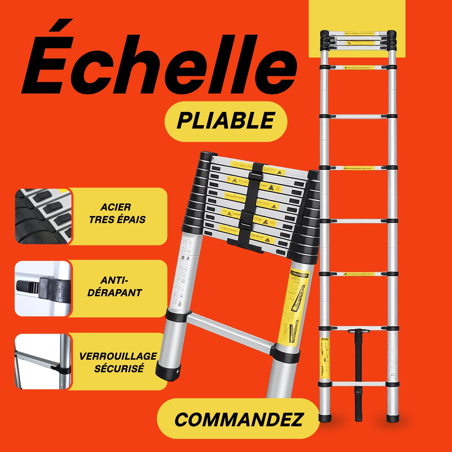 Echelle Télescopique Polyvalente 2,6M – Légère, Sécurisée et Facile à Ranger