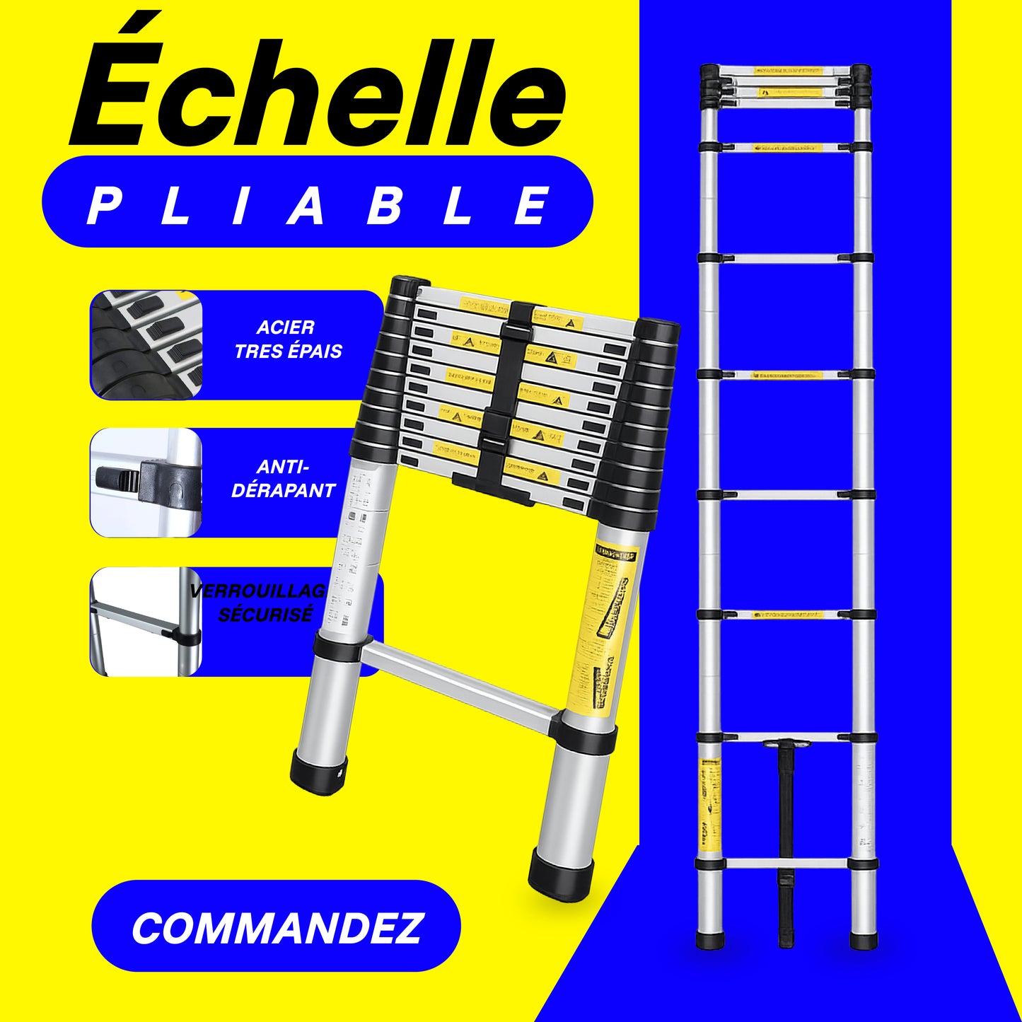 Echelle Télescopique Polyvalente 2,6M – Légère, Sécurisée et Facile à Ranger