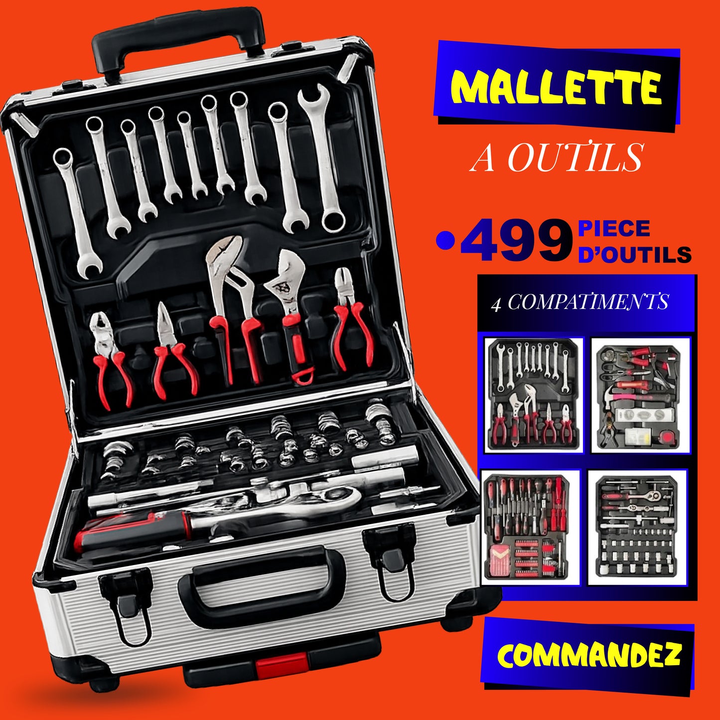 Mallette à outils 499 pièces ensemble d'outils de réparation à domicile à 4 couches en aluminium