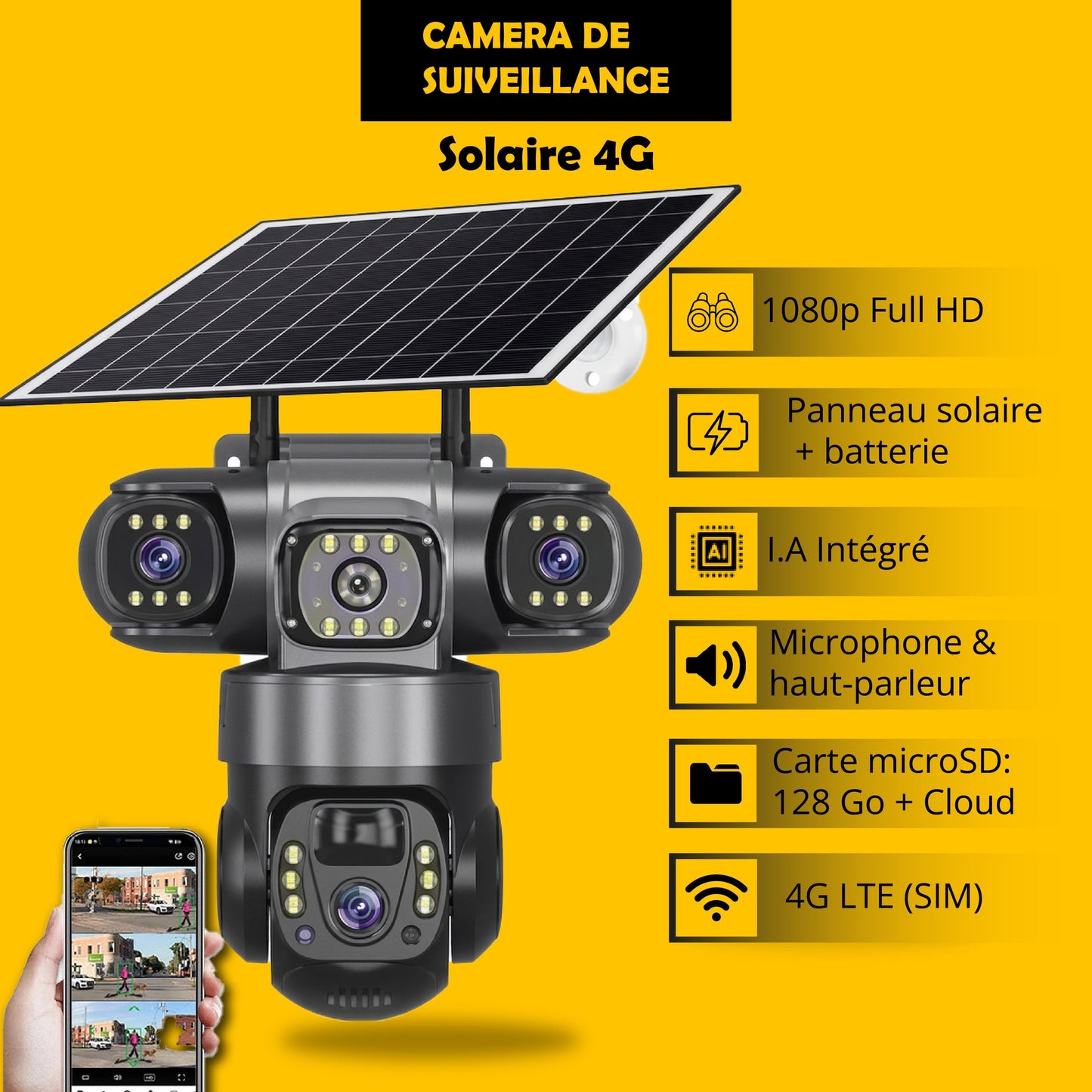 Tik -tcd-Caméra de Surveillance Solaire 4G Intelligente : à 03 objectifs